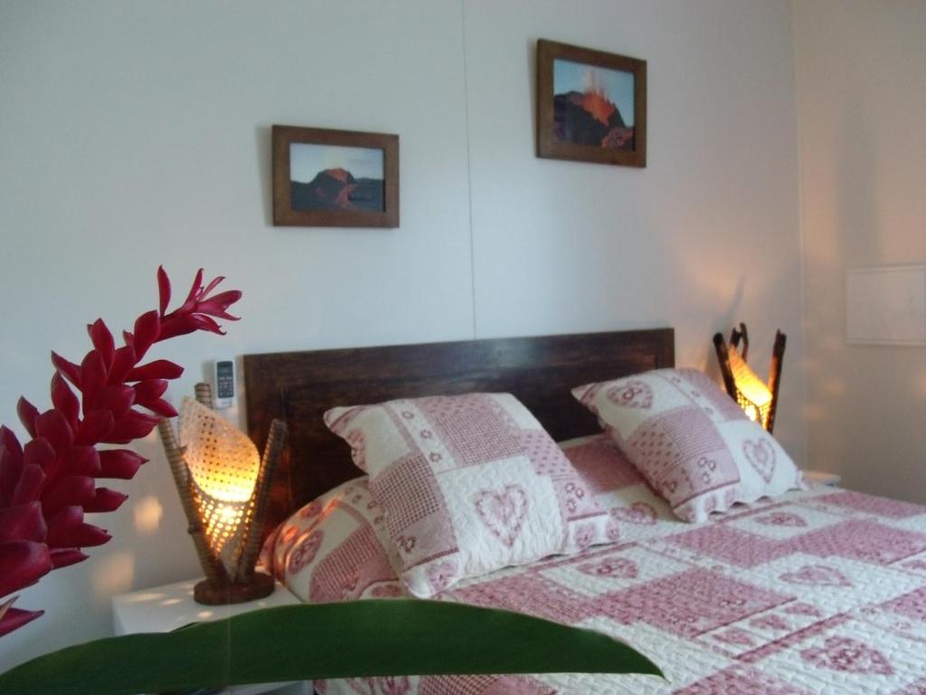 a bedroom with a bed with white and pink pillows at Le four à pain in Saint-Philippe