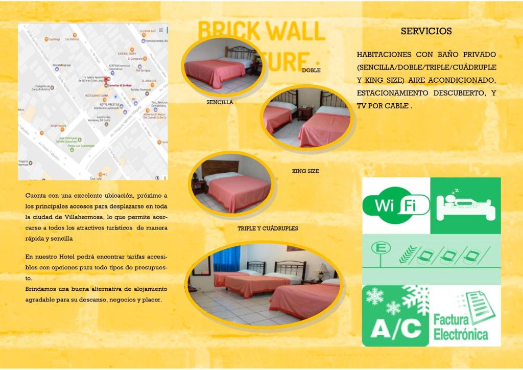 HOTEL CARMELITAS 42 في فيلاهيرموسا: منشر لمحل جداري من الطوب وخلفيته صفراء