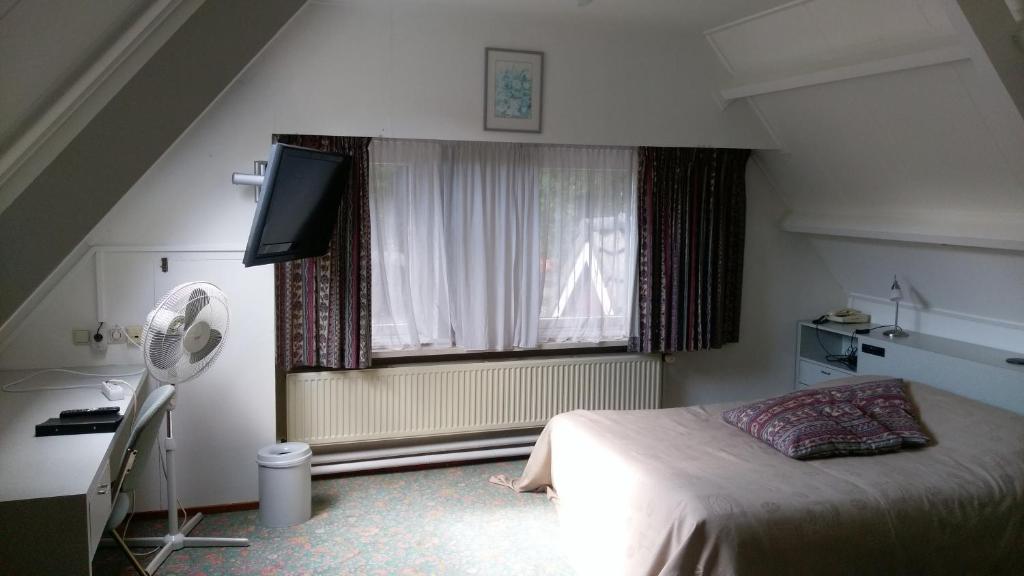 een slaapkamer met een bed, een raam en een ventilator bij De Spaarbankhoeve in Fluitenberg