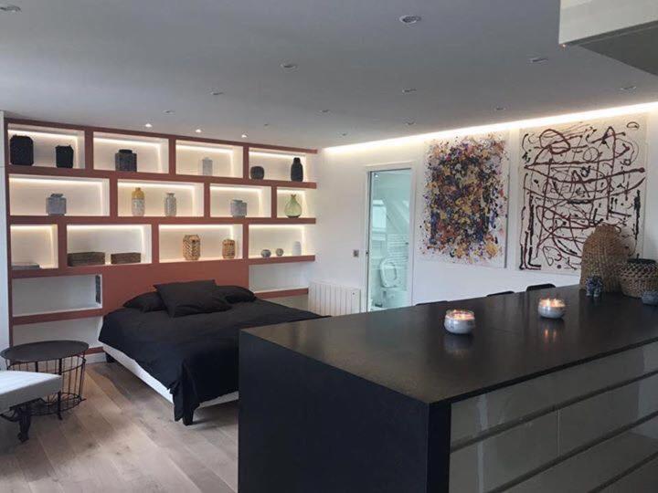 - une chambre avec un lit et un comptoir dans l'établissement Appartements Haussman Lafayettes, à Paris