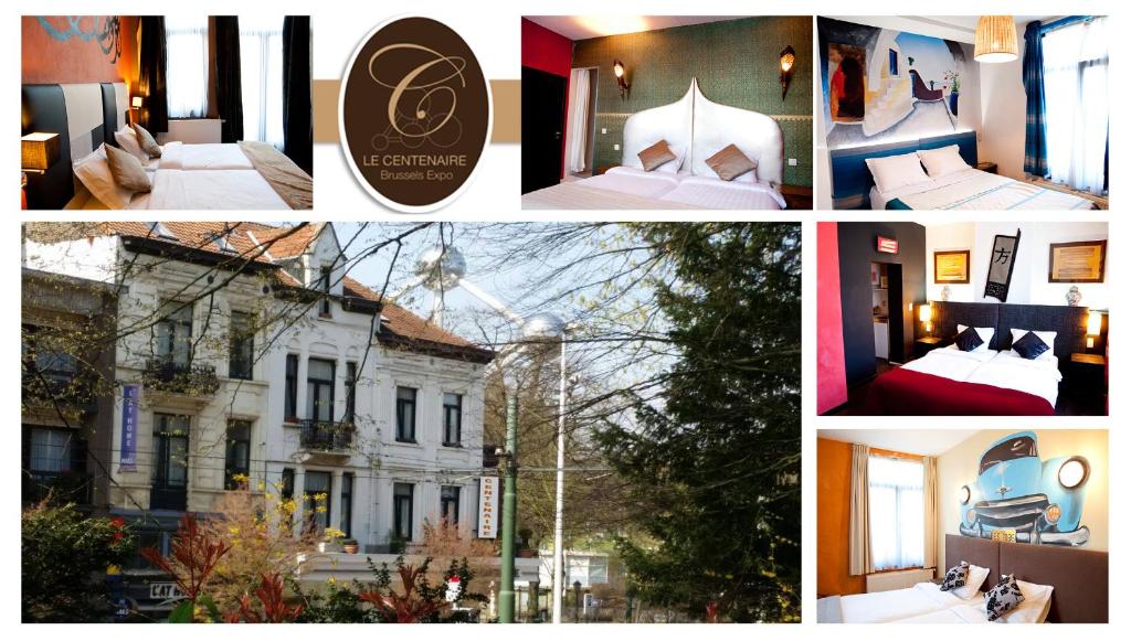 un collage de photos d'une chambre d'hôtel avec un lit dans l'établissement Hotel Le Centenaire Brussels Expo, à Bruxelles
