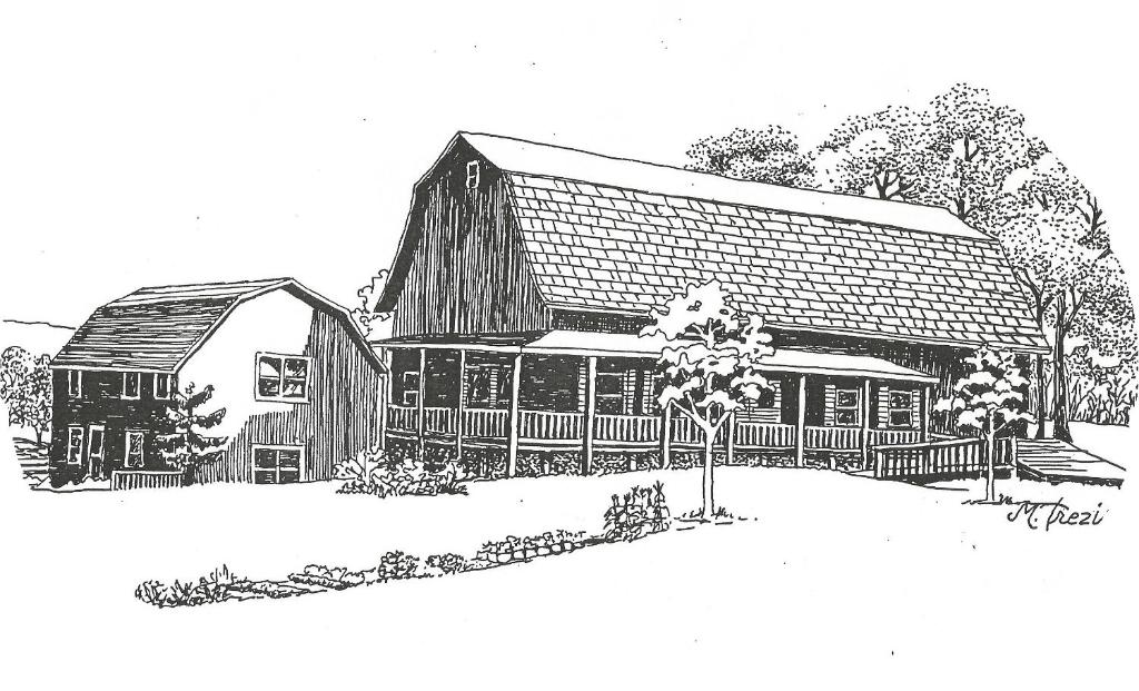 um desenho a preto e branco de um celeiro em The South Glenora Tree Farm em Dundee