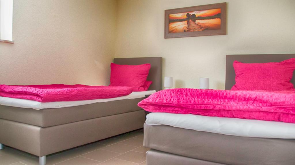 two twin beds in a room with pink blankets at Ferien- und Monteurwohnung in Wohnbach in Wölfersheim