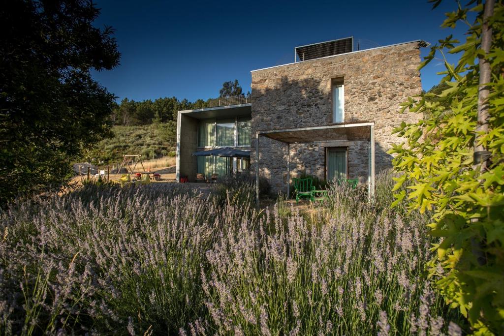 a stone house on a hill with tall grass at Casa de Campo De Torneiros in Unhais da Serra