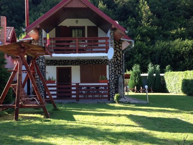 una pequeña casa en un patio con parque infantil en Cabana Florea, en Rîu de Mori