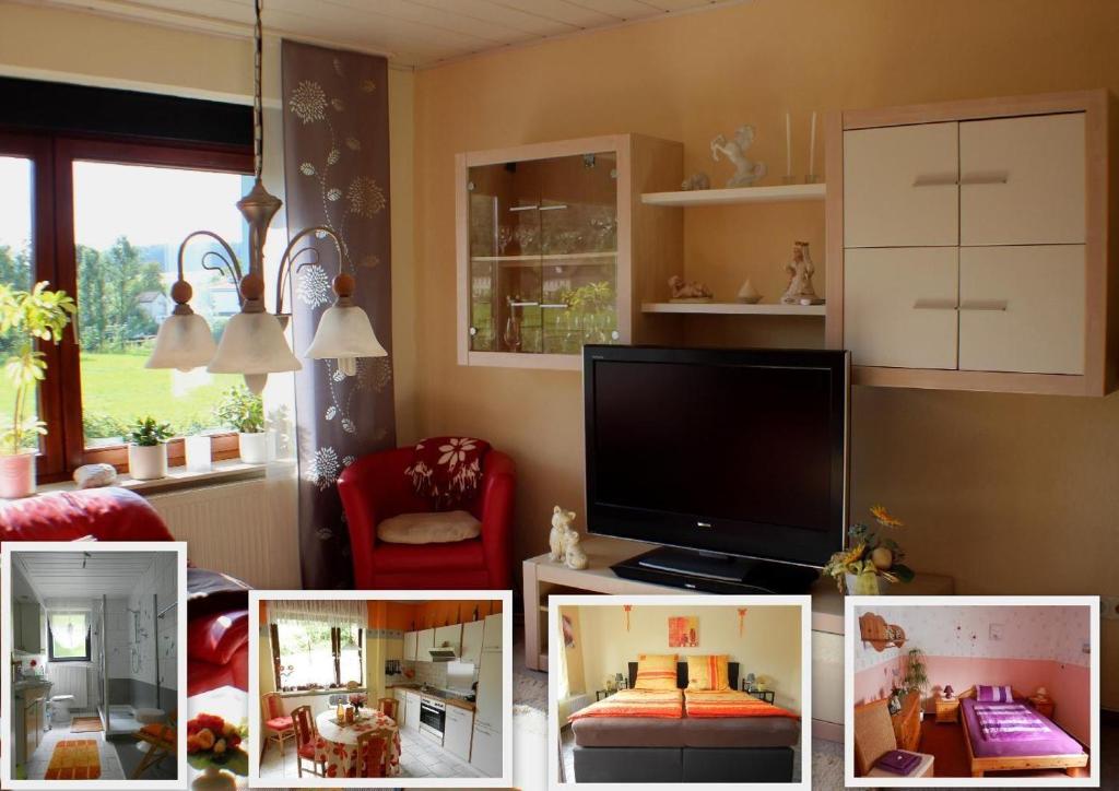 un collage de photos d'un salon avec une télévision dans l'établissement Ferienwohnung-im-Teutoburger-Wald, à Schieder-Schwalenberg