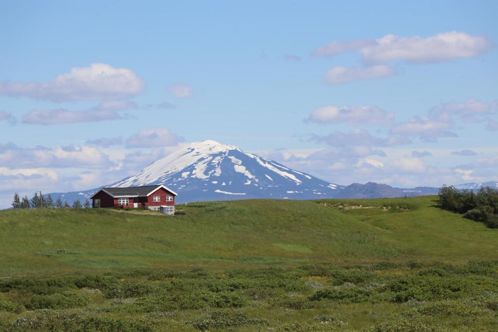 une montagne avec une maison rouge sur un champ verdoyant dans l'établissement Guest House Svetlana, à Hella