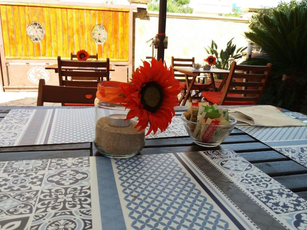 uma mesa com uma flor vermelha em cima em B&B LADY JOLANDA em Porto Cesareo