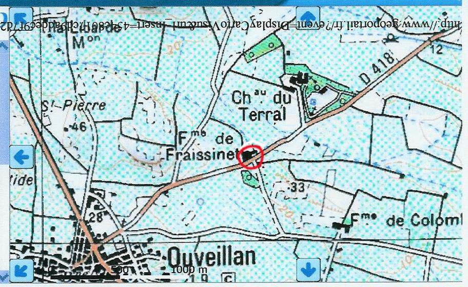 un mapa con un círculo rojo en el medio en Le Domaine de Fraissinet, en Ouveillan