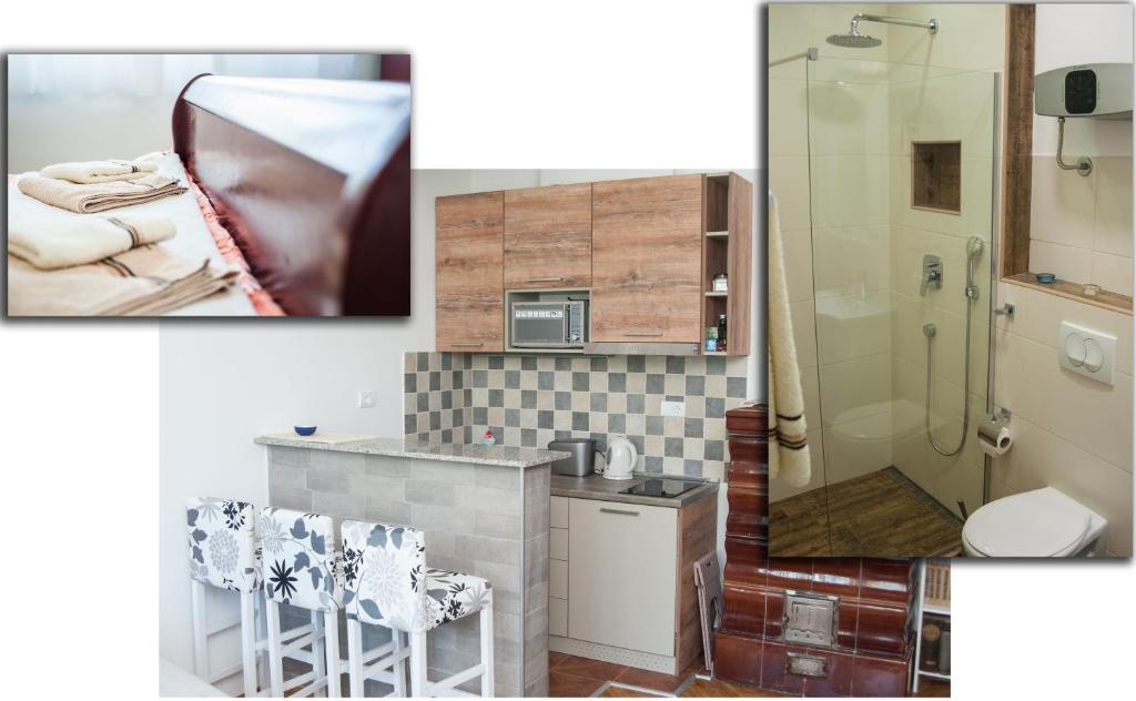 a bathroom with a shower and a kitchen with chairs at Apartments Dorcol in Belgrade