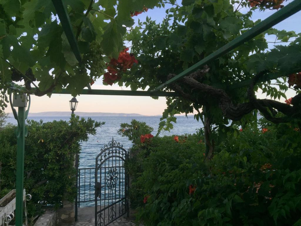 a view of the ocean from a garden at Holiday Home Margarita in Seget Vranjica