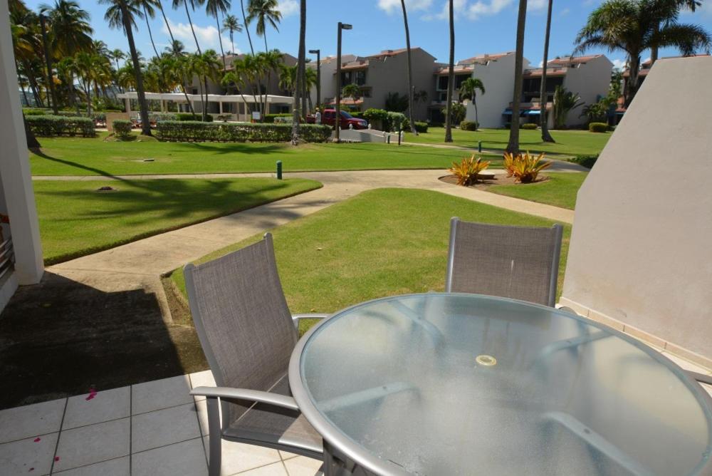 a glass table and chairs on a patio with a park at Crescent Cove 87 at Palmas in Humacao