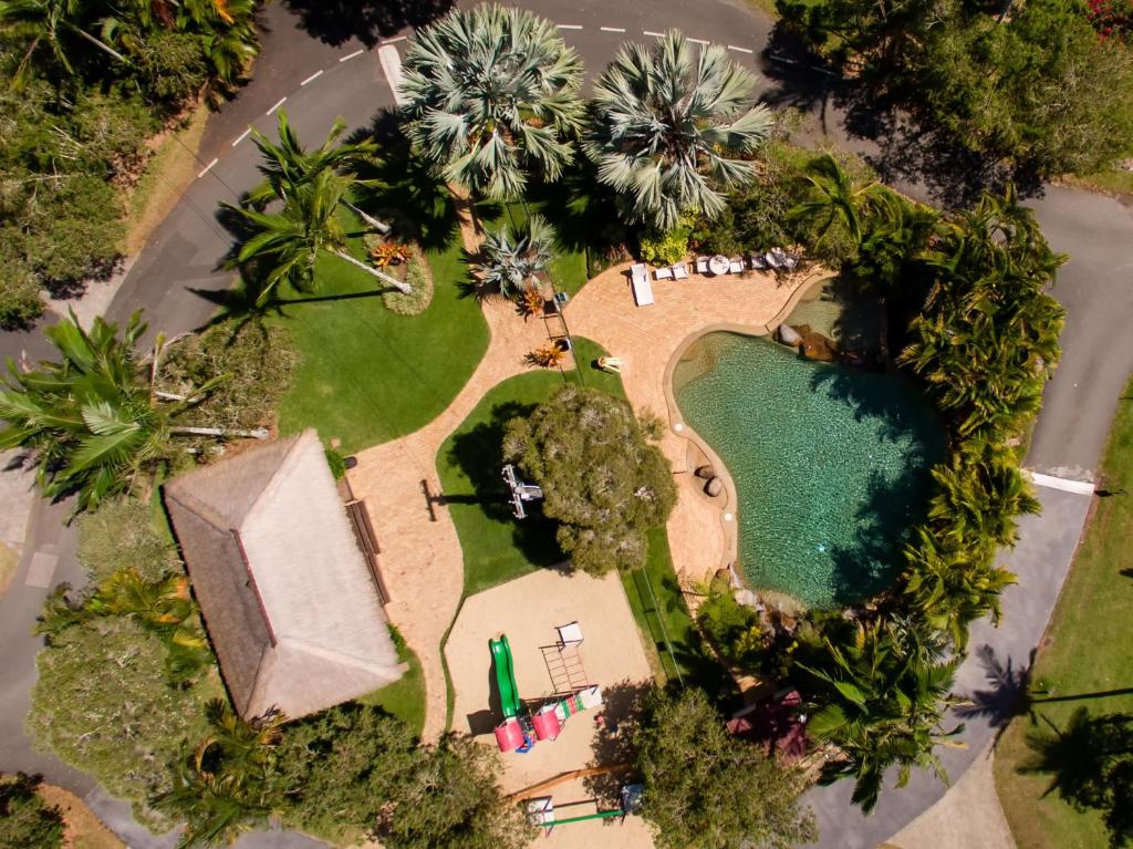 an overhead view of a park with a swimming pool at NRMA Atherton Tablelands Holiday Park in Atherton