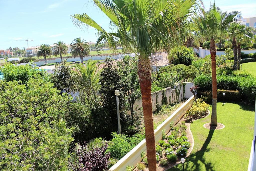 a view of a garden with palm trees and bushes at Âncora Boutique Apartments in Lagos
