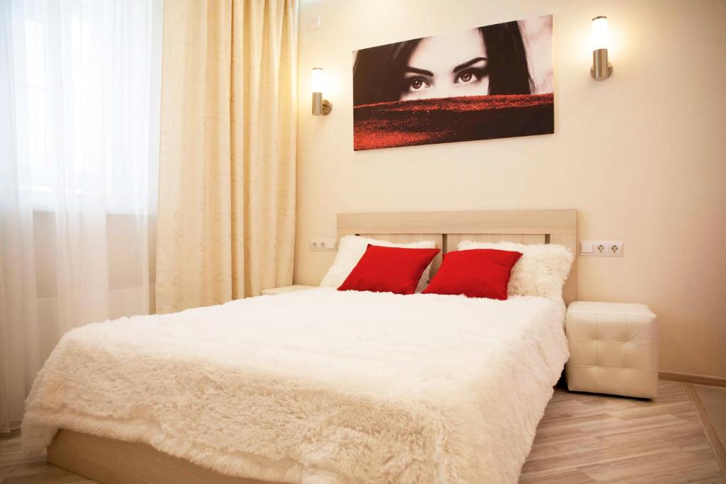 ニジニ・ノヴゴロドにある5days-nn, Studio apartment on Burnakovskaya 93のベッドルーム(赤い枕の大きな白いベッド付)