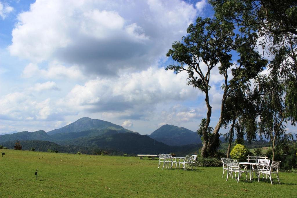 une table et des chaises dans un champ avec des montagnes dans l'établissement Ancoombra Tea Estate Bungalow, à Matale