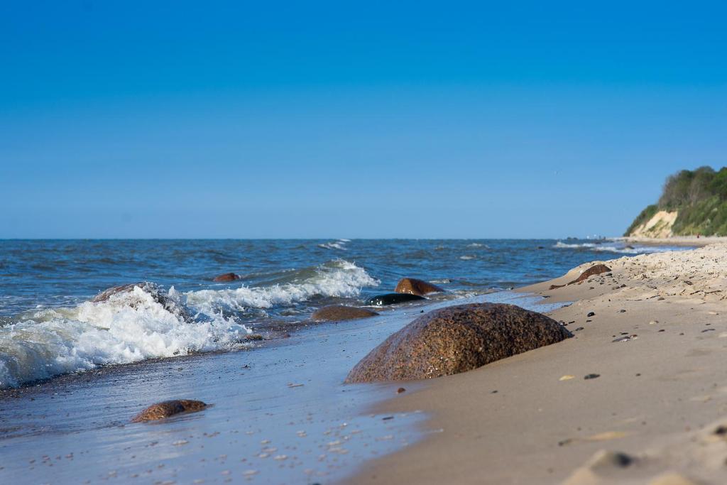 a beach with rocks in the sand and the ocean at Feriendorf Min Herzing in Nonnevitz