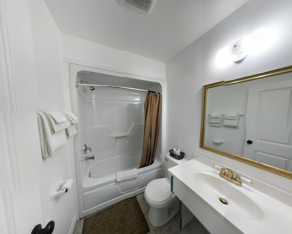 a bathroom with a sink and a toilet and a mirror at Bay Motel in North Bay