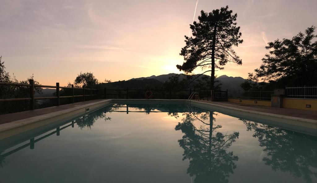 una piscina con un árbol y la puesta de sol en el fondo en Agriturismo Il Pino, en San Martino in Freddana