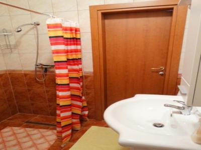 a bathroom with a sink and a shower curtain at Apartment in Crikvenica