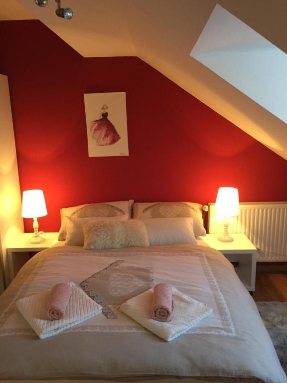 斯盧尼的住宿－Apartments Petra，一间卧室设有一张带红色墙壁的大床