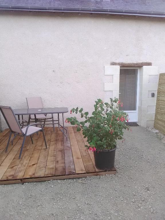 eine Terrasse mit einem Tisch, Stühlen und einer Pflanze in der Unterkunft Gite a proximite de Tours in Chambray-lès-Tours