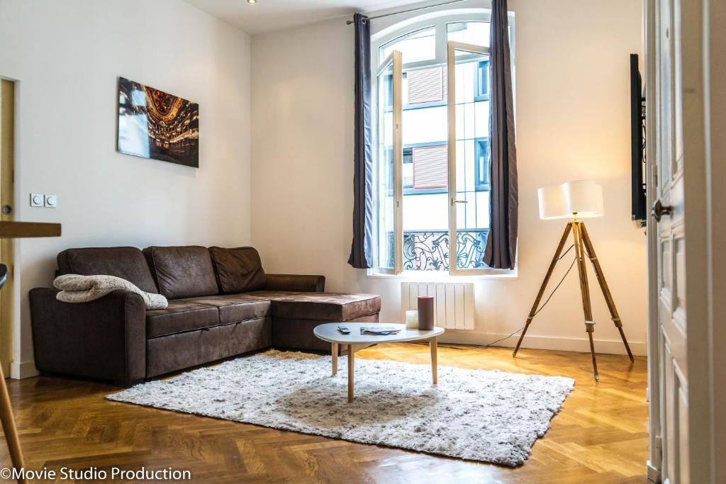 uma sala de estar com um sofá castanho e uma mesa em Charming Haussmannien 50m2 - city center em Rouen