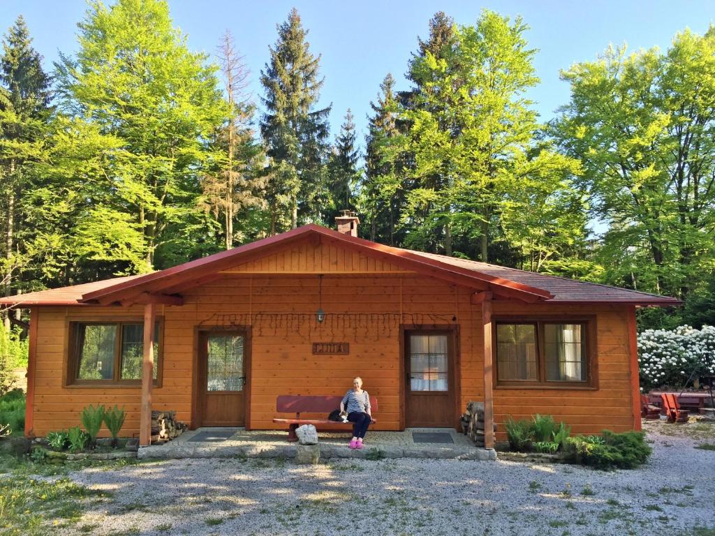 a woman standing in front of a log cabin at Dom Lidia in Szklarska Poręba