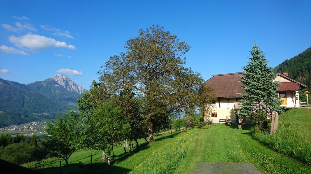 a house on a grassy hill with mountains in the background at Chalets Alpin Kronhof in Kötschach