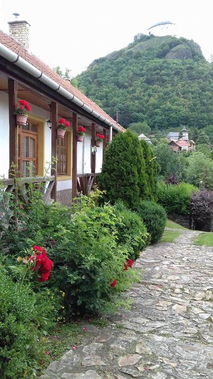 a house with flowers in front of a mountain at Vár-Lak Vendégház in Füzér