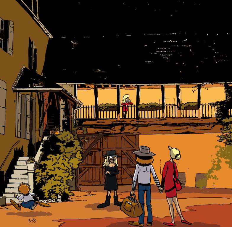 una ilustración de un grupo de personas parados fuera de una casa en B&B Esprit d'un Moment, en Nolay