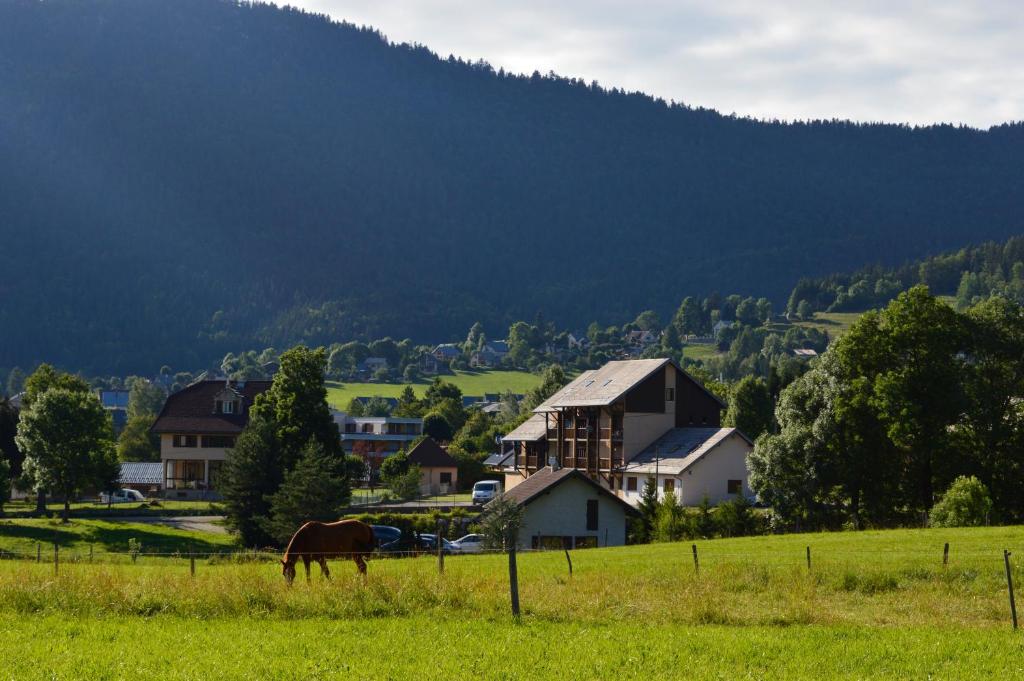 koń pasący się na polu przed górą w obiekcie Le Chevreuil w mieście Autrans