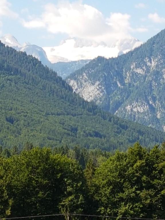 vista su una valle con alberi e montagne di Dachsteinblick a Bad Aussee