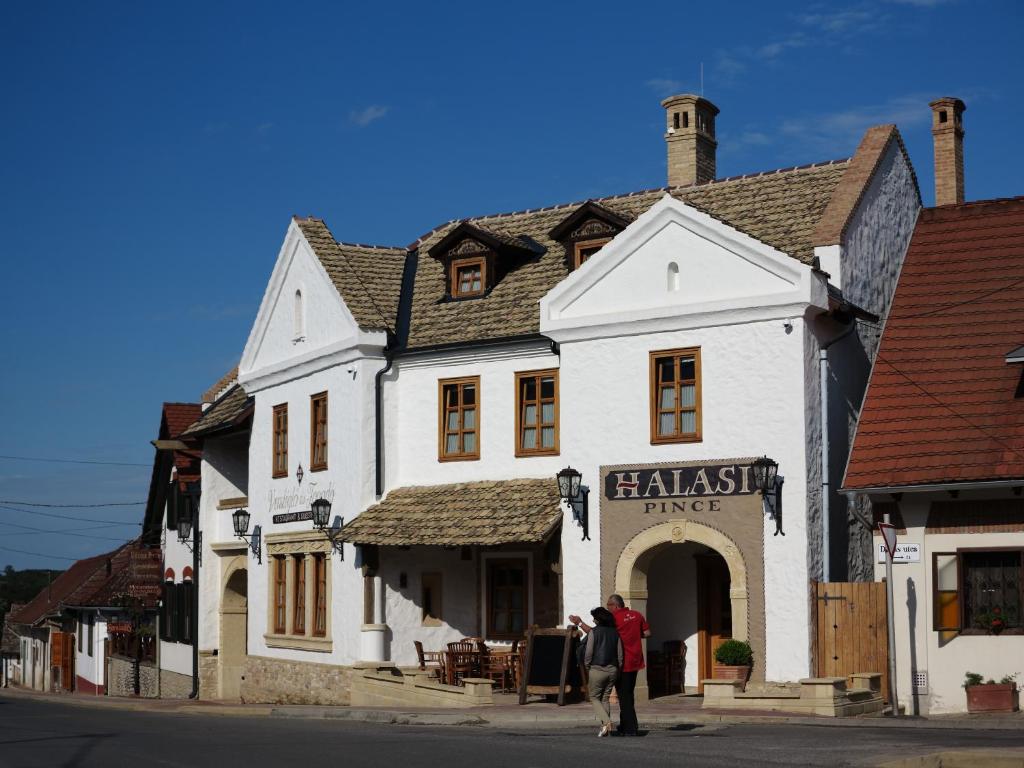 duas pessoas em frente a um edifício branco em Halasi Pince Panzió em Villány