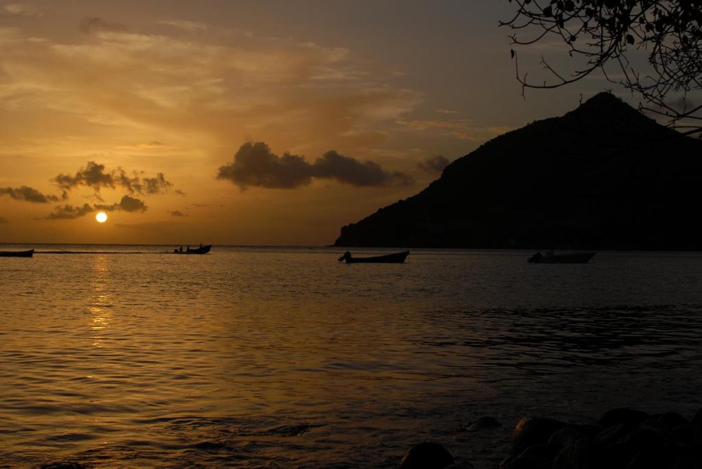 einen Sonnenuntergang über dem Meer mit Booten im Wasser in der Unterkunft Les Balisiers in Les Anses-dʼArlets