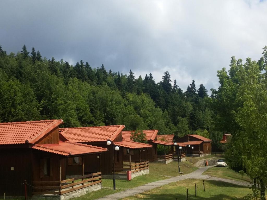 a row of wooden cabins in a forest at Livadaki Village - Δασικό Χωριό Λιβαδάκι in Karpenisi