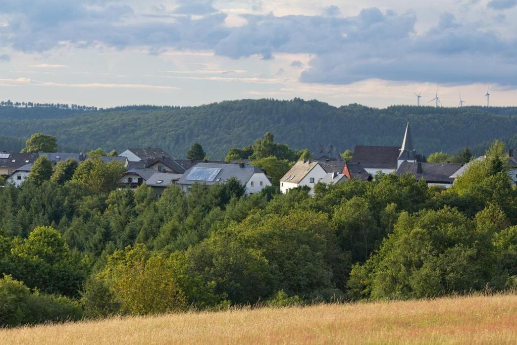 una ciudad en medio de una colina con árboles en Ferienwohnung Nisius, en Geisfeld