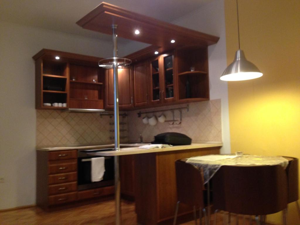 a kitchen with wooden cabinets and a counter top at Pauler19 Apartement in Budapest