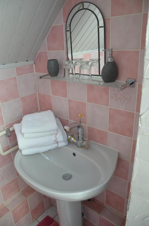 a bathroom with a white sink and pink tiles at Chambres d&#39;hotes du creulet in Crouay