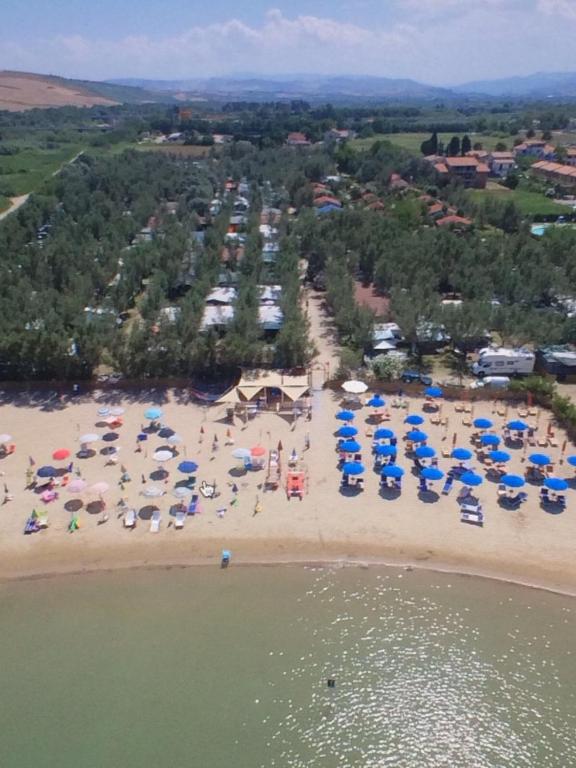 an aerial view of a beach with umbrellas and chairs at Maronda Camping in Marina di Montenero