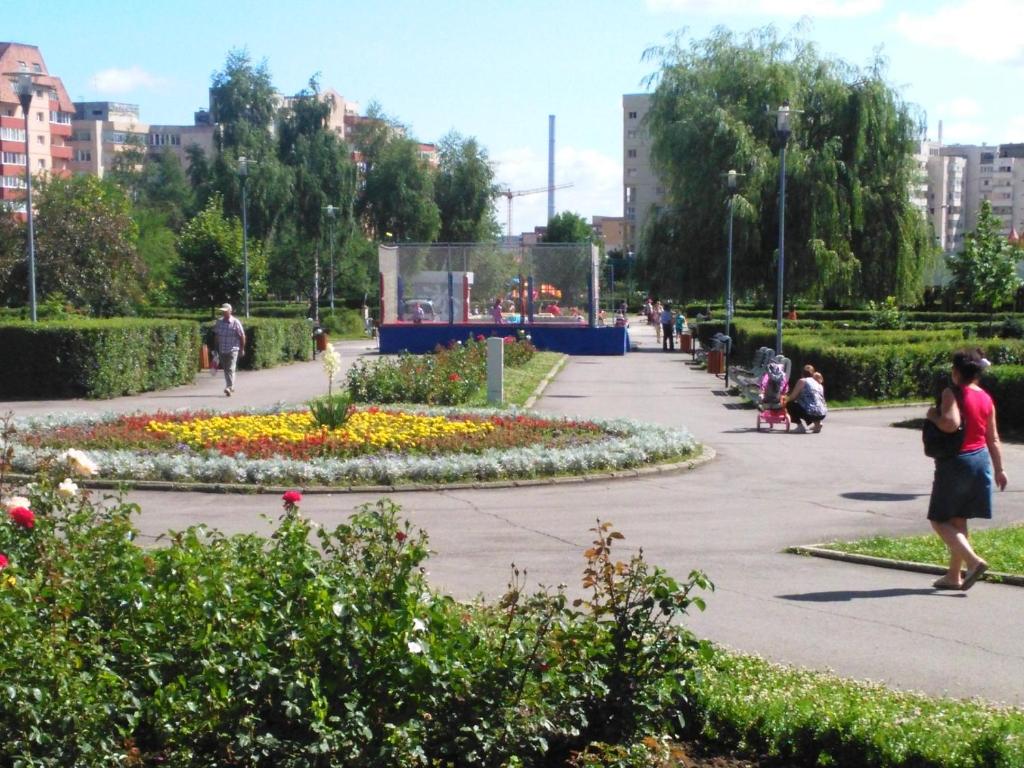 un parc avec de nombreuses fleurs et des gens qui se promenent dans l'établissement Apartament NORA, à Braşov