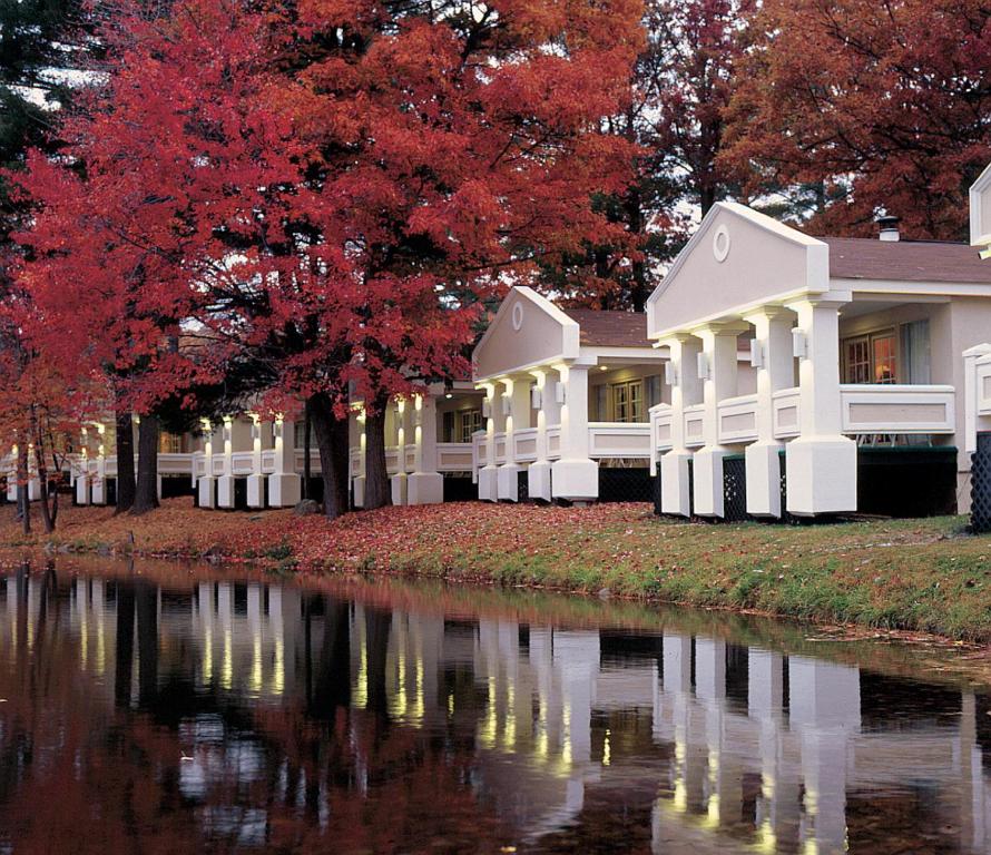 una casa con árboles rojos y un río en Paradise Stream Resort, en Cresco