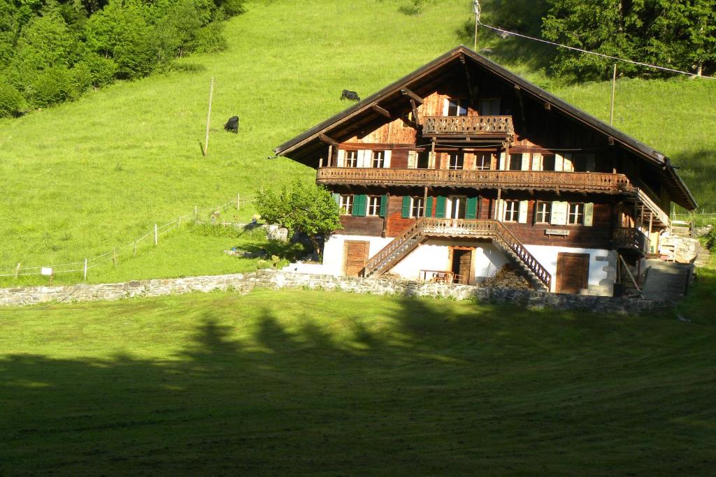 a large wooden house on a hill with a green field at Spacious Swiss Alpine Chalet for Nature Lovers in Val-d'Illiez
