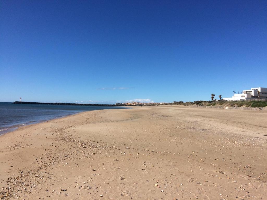 - une vue sur la plage et les bâtiments en arrière-plan dans l'établissement Blue Beach Studio, au Cap d'Agde