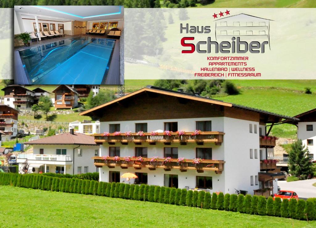 a collage of photos of a house with a swimming pool at Haus Scheiber in Sankt Jakob in Defereggen