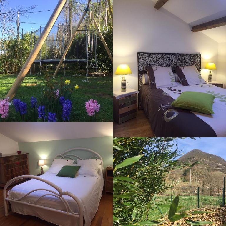 a collage of photos of a bedroom with beds and flowers at Le Chat Blanc in Versols-et-Lapeyre