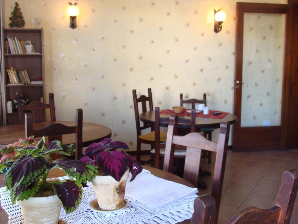 a dining room with two tables and chairs with plants at Falcone Hotel in Chivilcoy