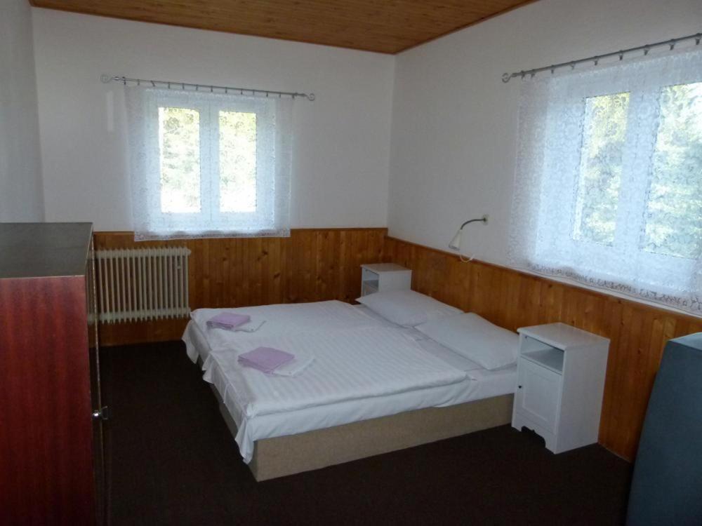 a small bedroom with a bed and two windows at Horsky hotel Sport in Josefuv dul