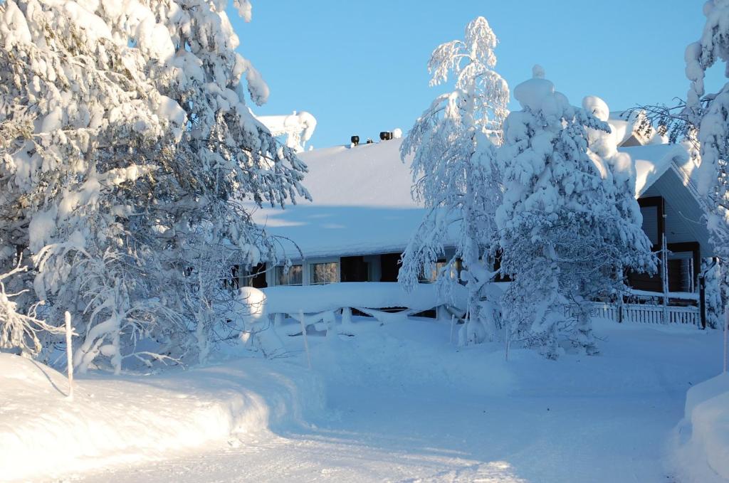 a house covered in snow with trees in front of it at RukaNeliö Cottage in Ruka