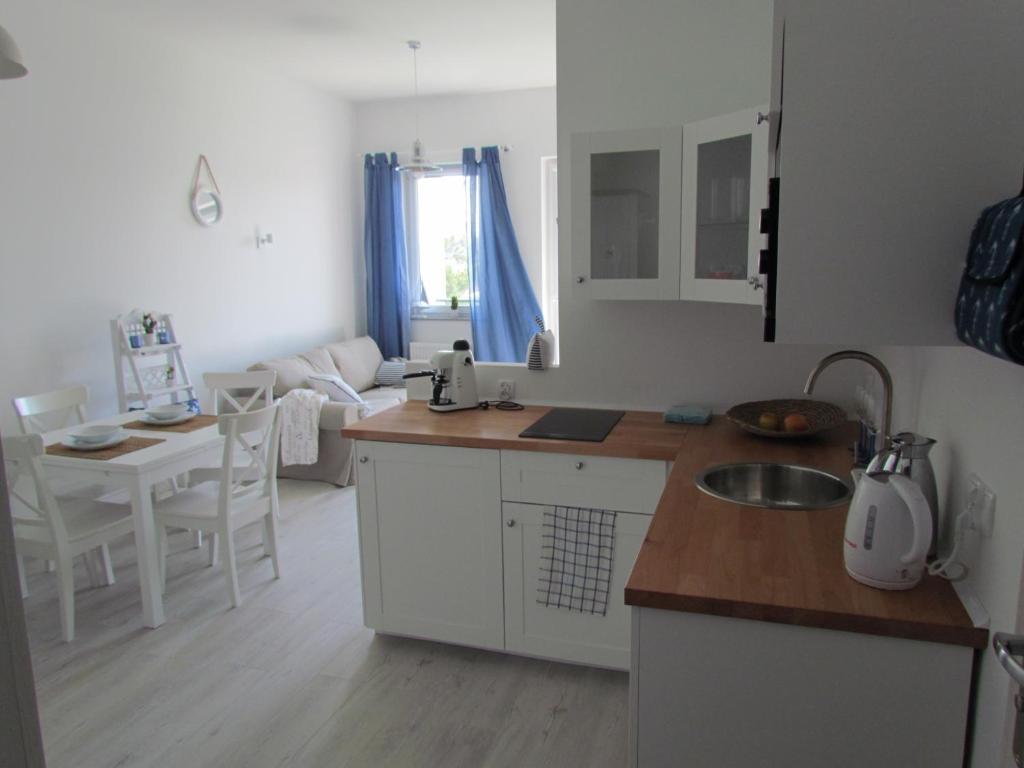 a kitchen and living room with a sink and a table at U Kostków in Dziwnówek